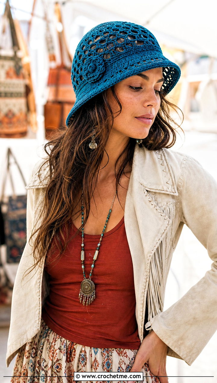 Openwork Crochet Cloche Hat With Boho Maxi Skirt - 25 Cloche Crochet Hat outfit ideas