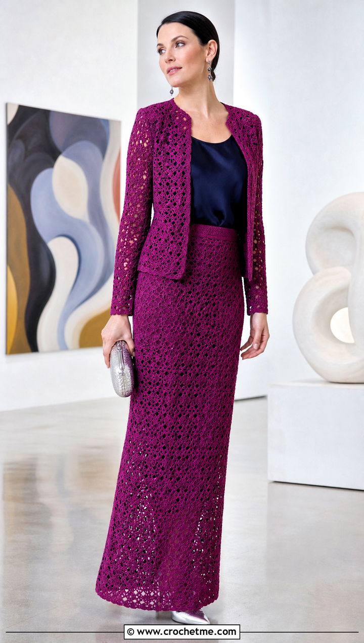 Openwork Crochet Column Skirt With Silk Top - 15 Vintage Crochet Skirt outfit ideas