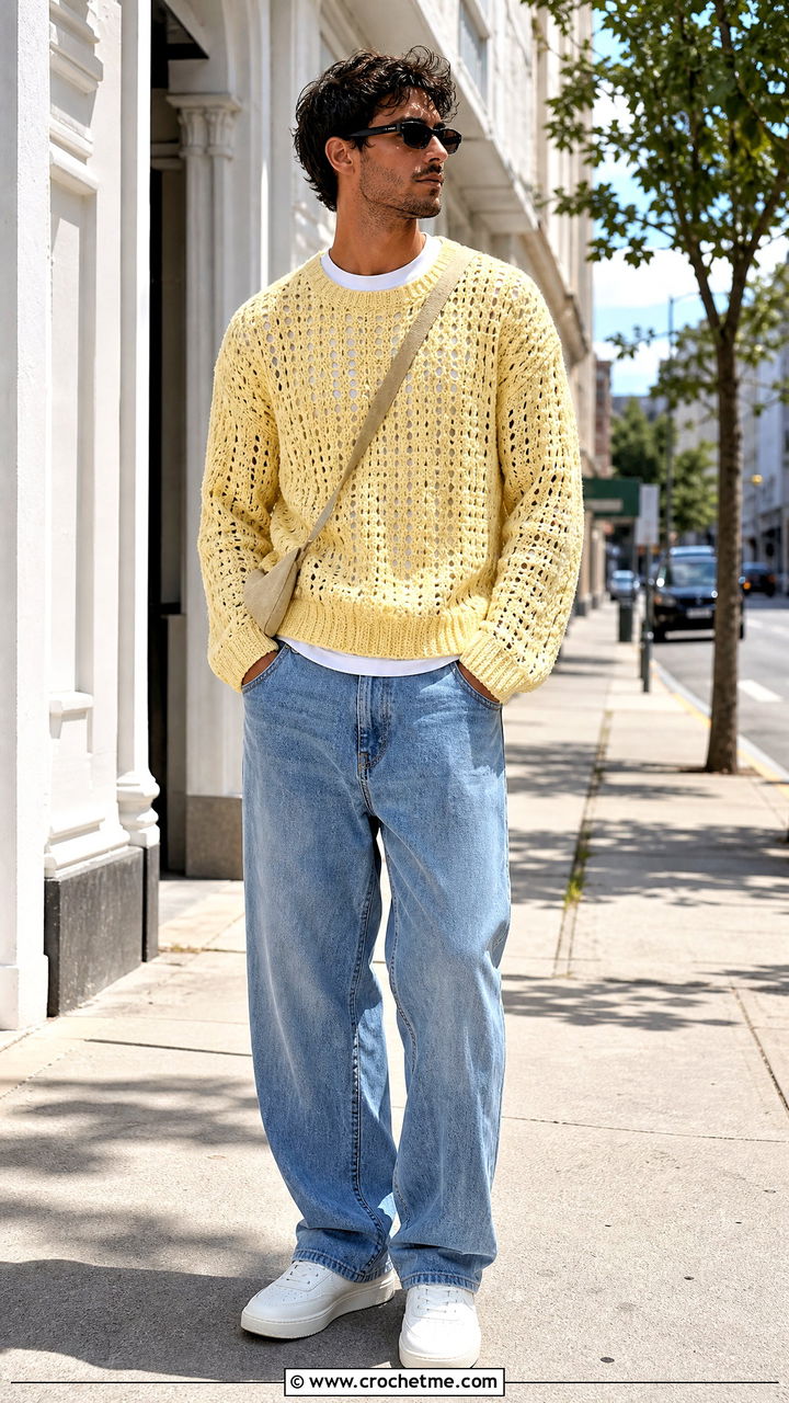 Openwork Crochet Crewneck Sweater With Relaxed Jeans - 35 men crochet sweater outfit ideas