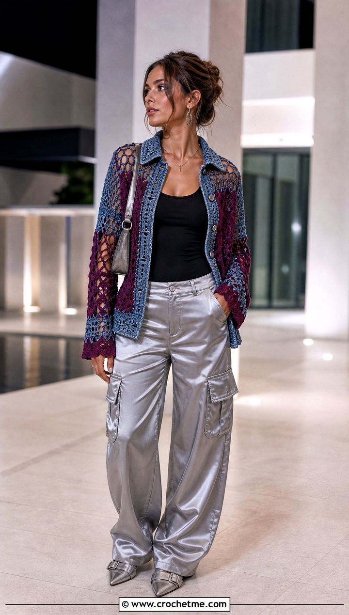 Openwork Crochet Denim Jacket With Satin Cargo Pants - 30 crochet denim jacket outfit ideas