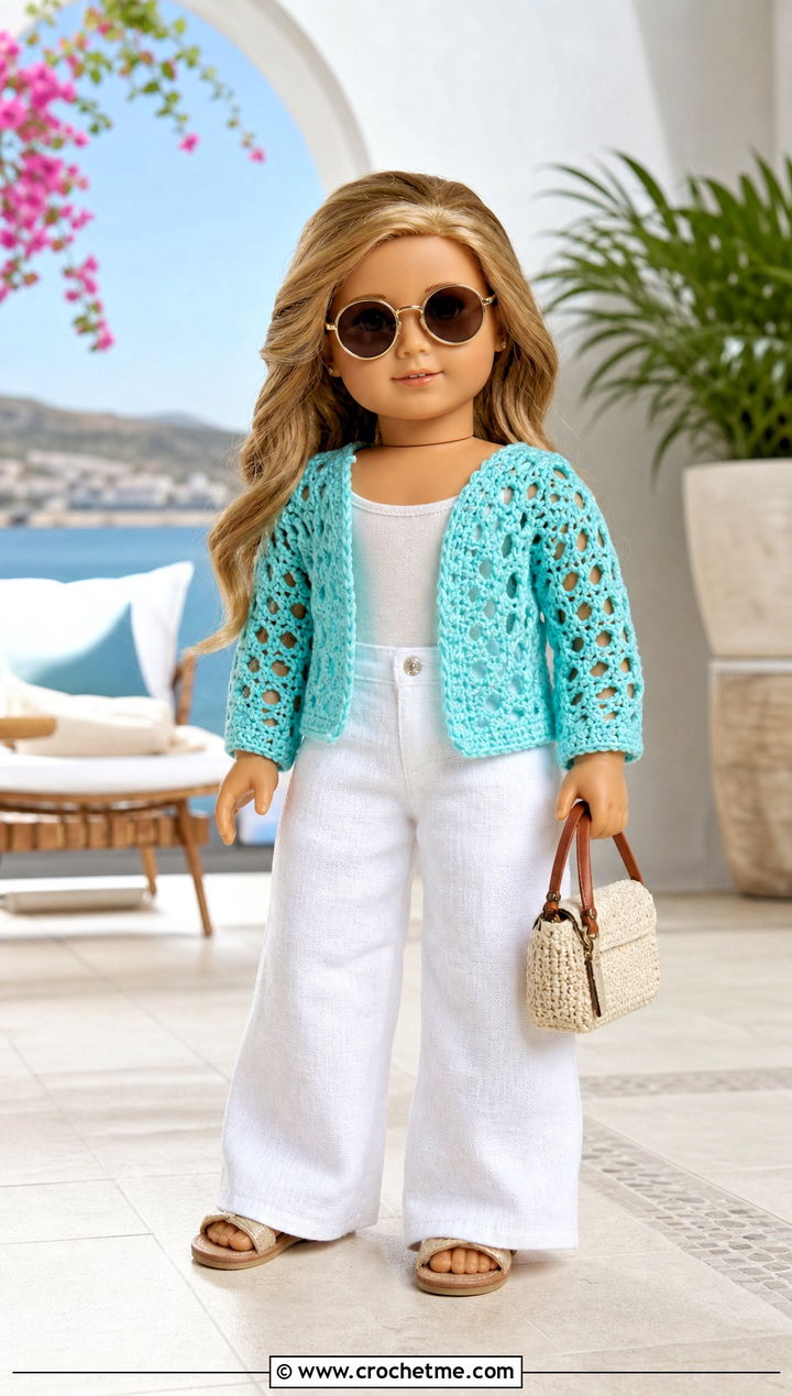 Openwork Crochet Doll Sweater With Linen Pants - 20 Crochet Sweater For Dolls outfit ideas