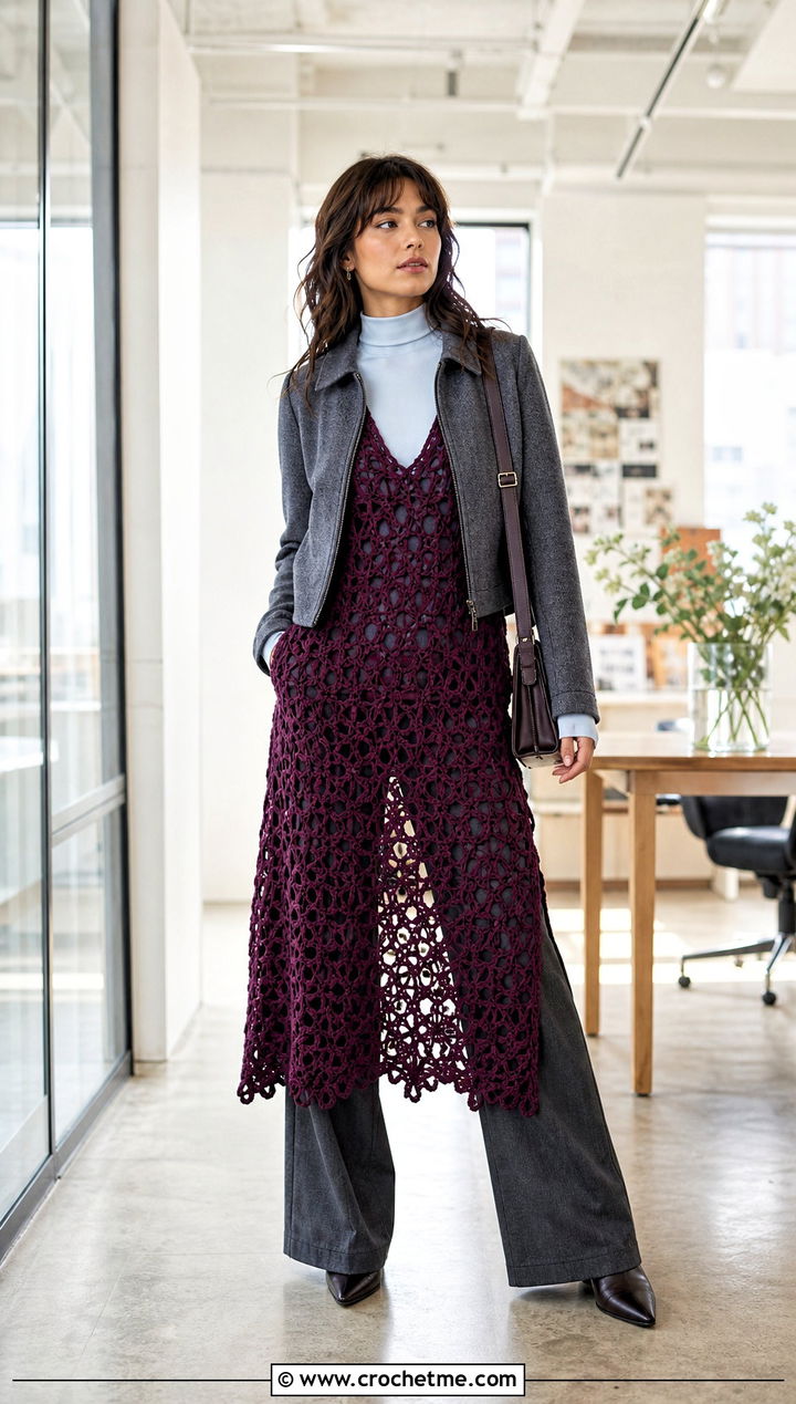 Openwork Crochet Dress With Wide Leg Pants - 30 crochet dress for winter outfit ideas