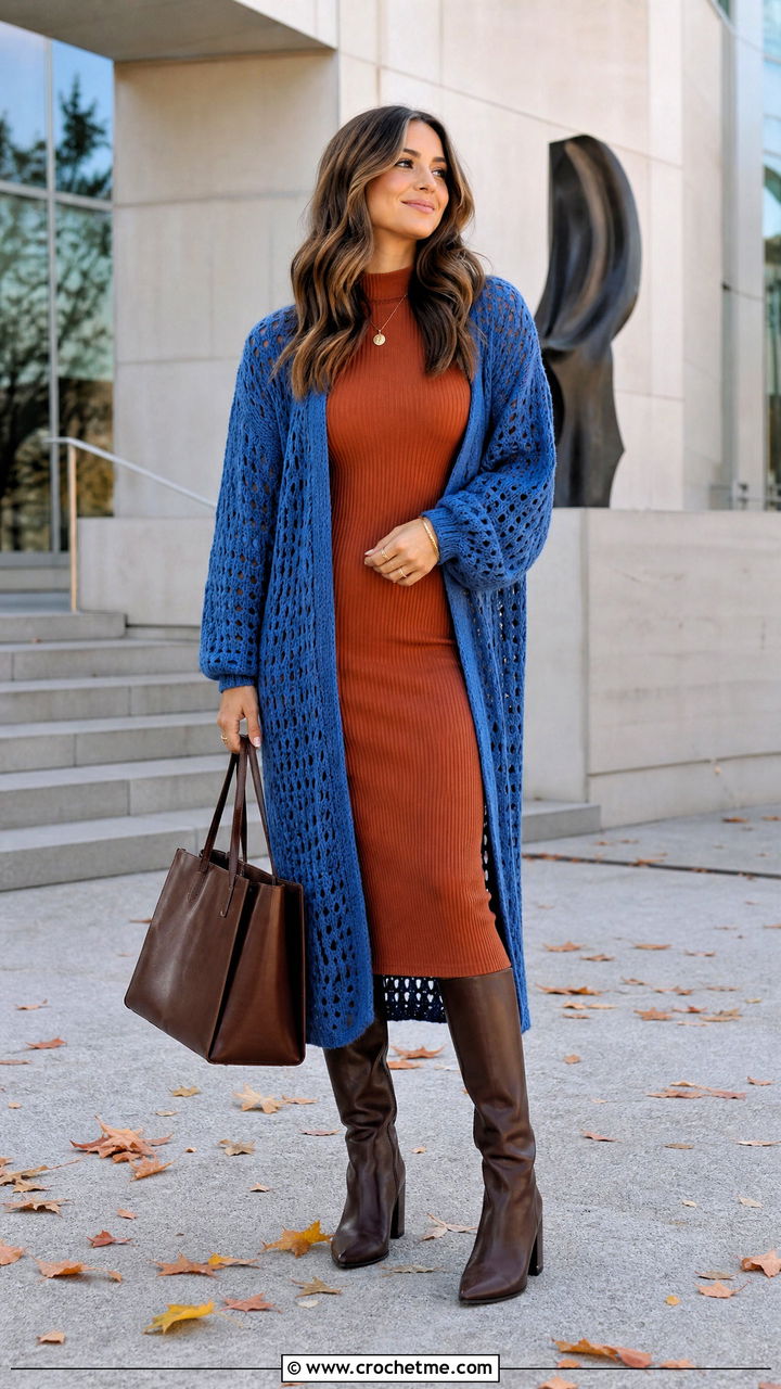 Openwork Crochet Duster Cardigan With Sweater Dress - 35 crochet duster cardigan outfit ideas