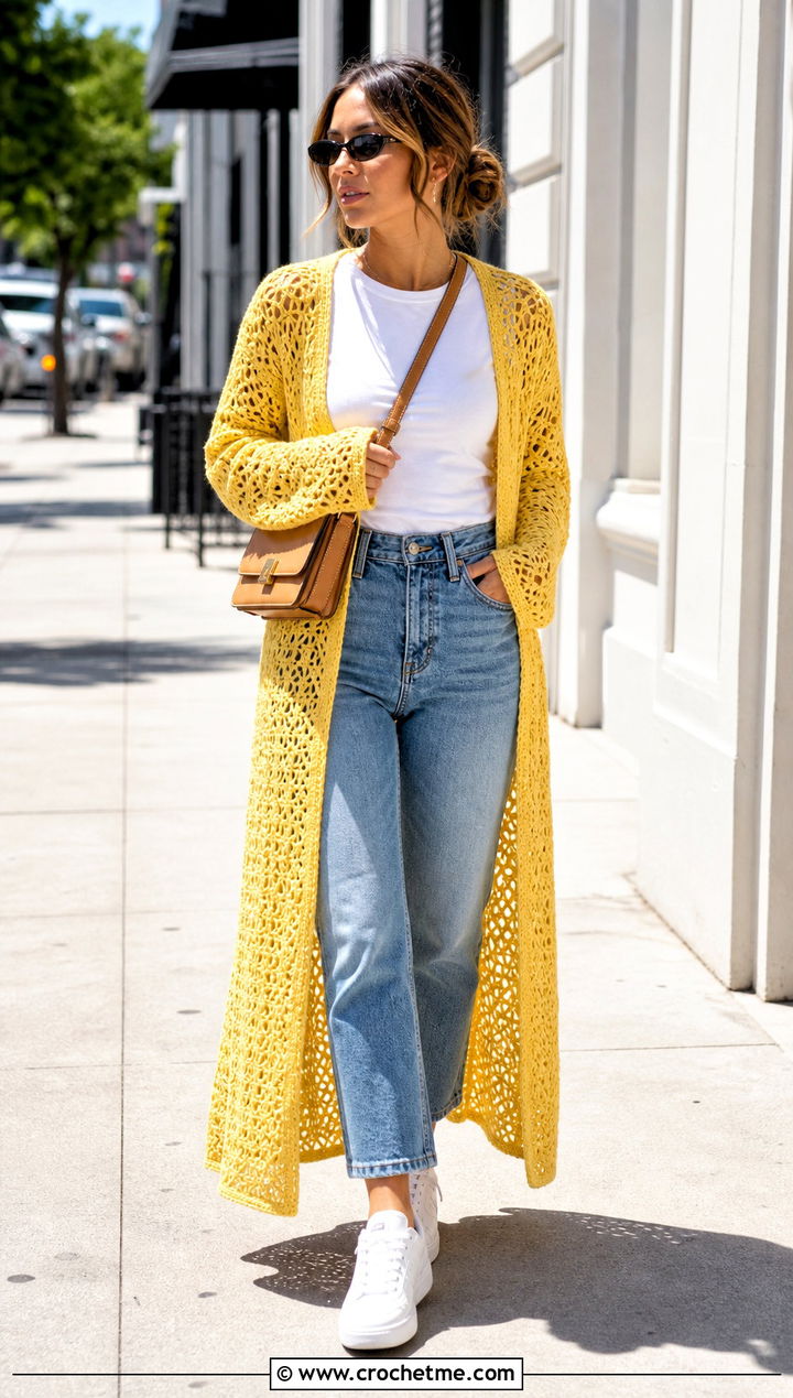 Openwork Crochet Duster With Straight Leg Jeans - 35 crochet long jacket outfit ideas