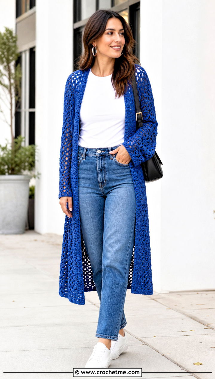 Openwork Crochet Duster With Straight Leg Jeans - 30 long crochet cardigan outfit ideas