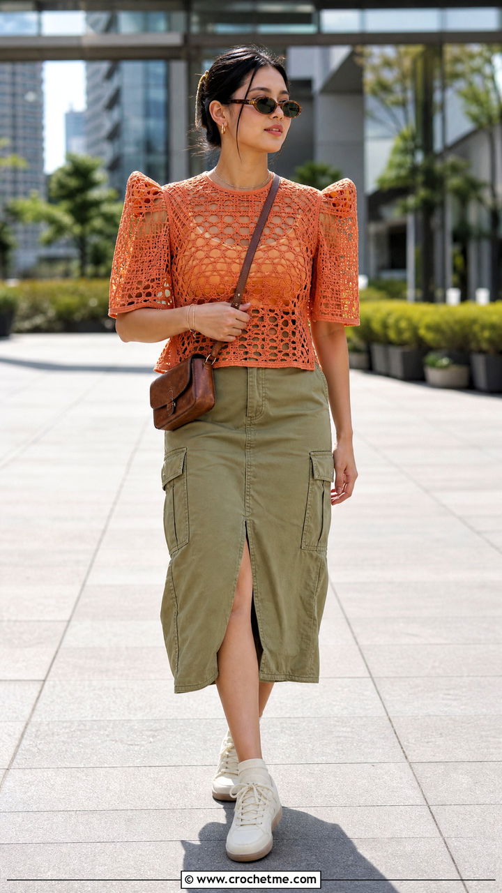 Openwork Crochet Filipiniana Top With Utility Midi Skirt - 35 crochet filipiniana top outfit ideas