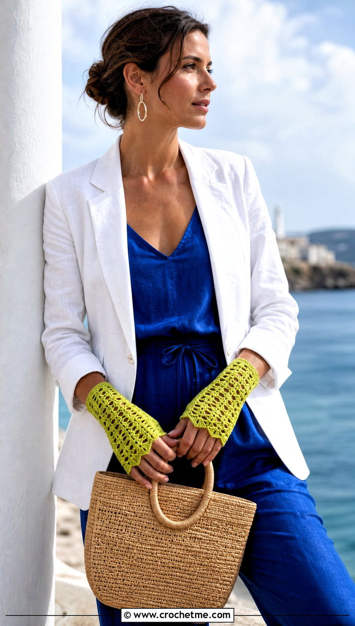 Openwork Crochet Fingerless Mitts With Resort Outfit - 30 crochet half gloves fingerless mitts outfit ideas
