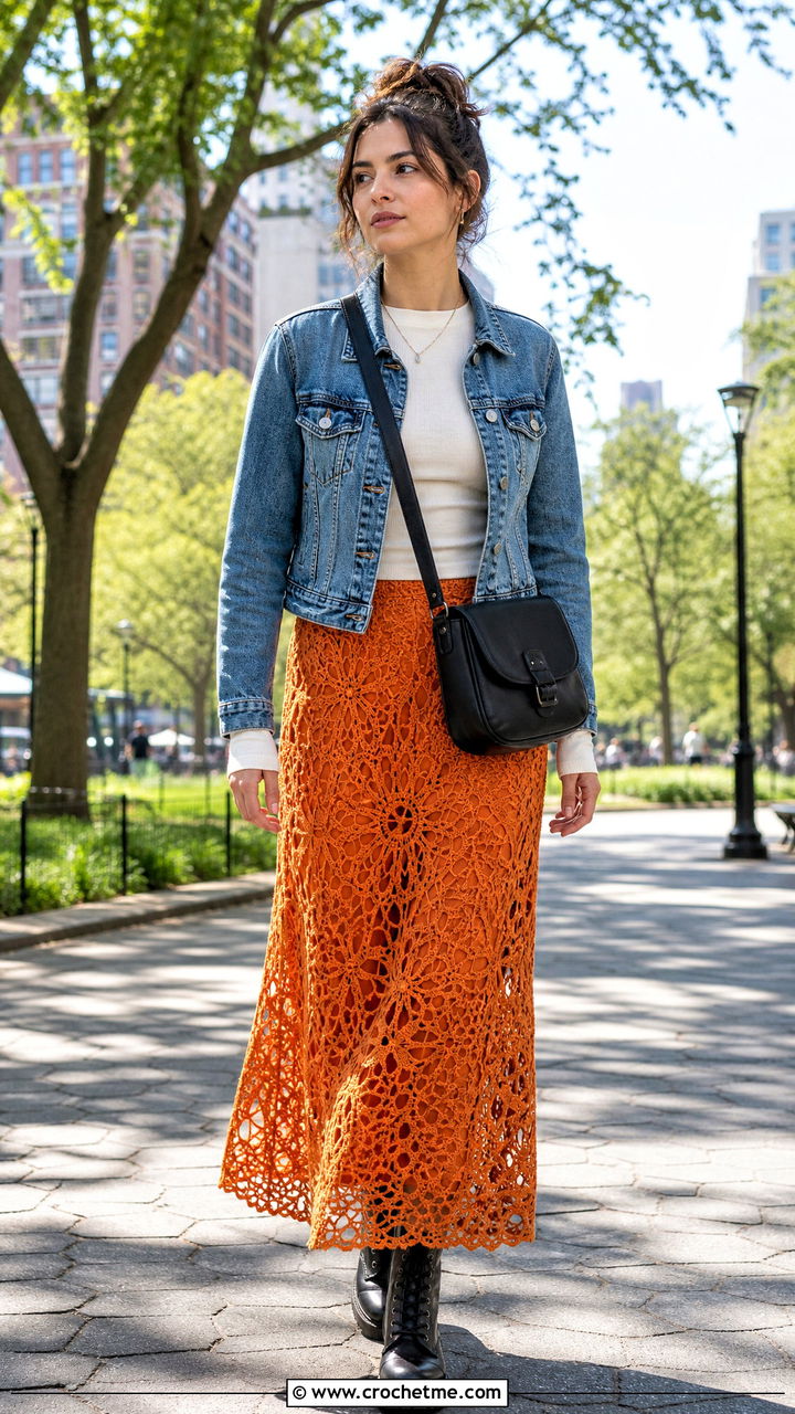 Openwork Crochet Flower Maxi Skirt With Long Sleeve T Shirt - 35 crochet flower skirt outfit ideas