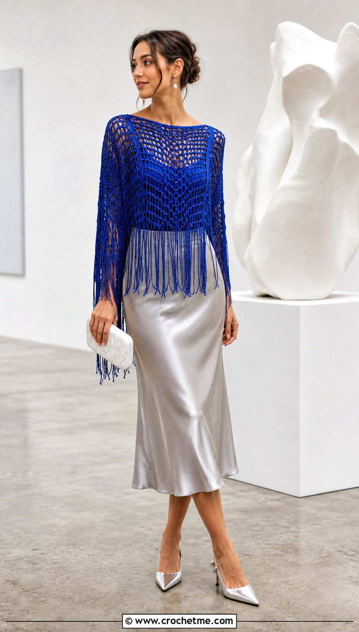 Openwork Crochet Fringe Sweater With Satin Midi Skirt - 20 Crochet Fringe Sweater outfit ideas