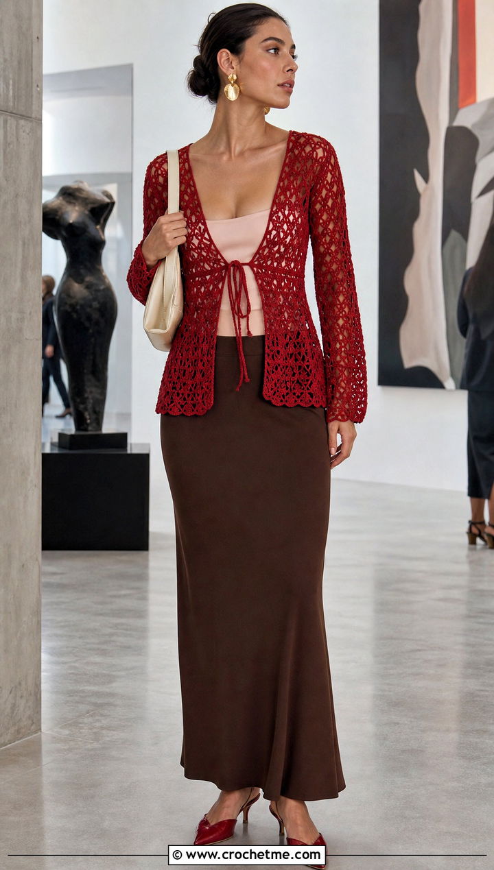 Openwork Crochet Front Tie Cardigan With a Column Maxi Skirt - 15 crochet front tie cardigan outfit ideas