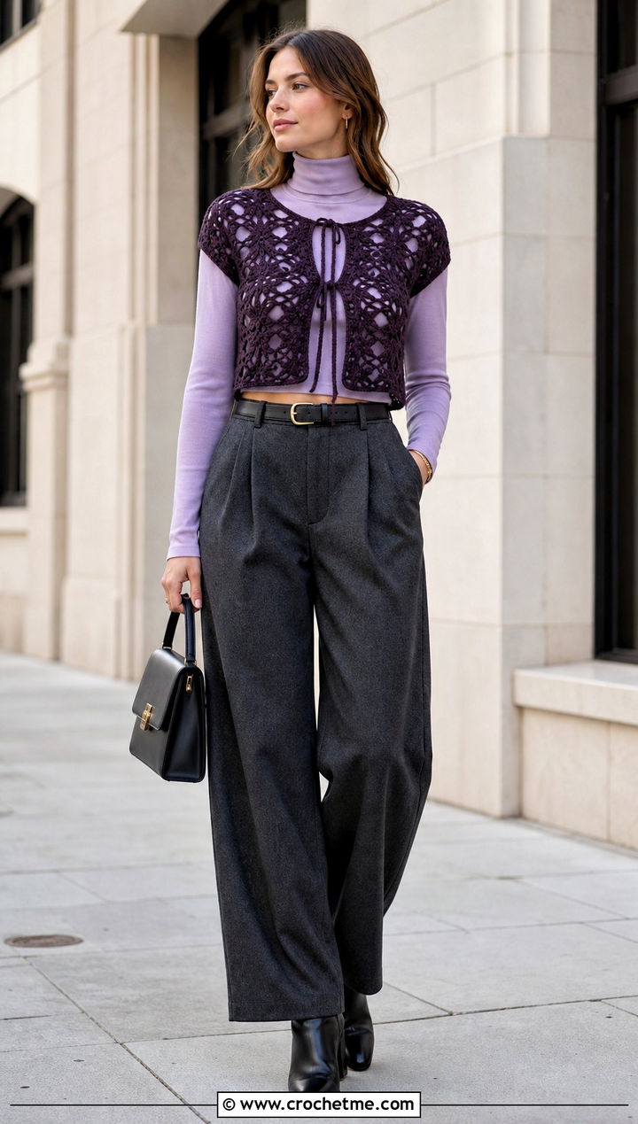 Openwork Crochet Front Tie Crop Top With Turtleneck And Wool Trousers - 15 crochet front tie crop top outfit ideas