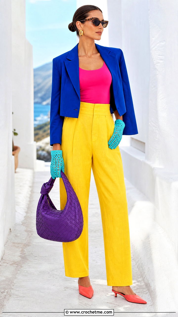 Openwork Crochet Gloves With Linen Pants - 35 crochet gloves outfit ideas