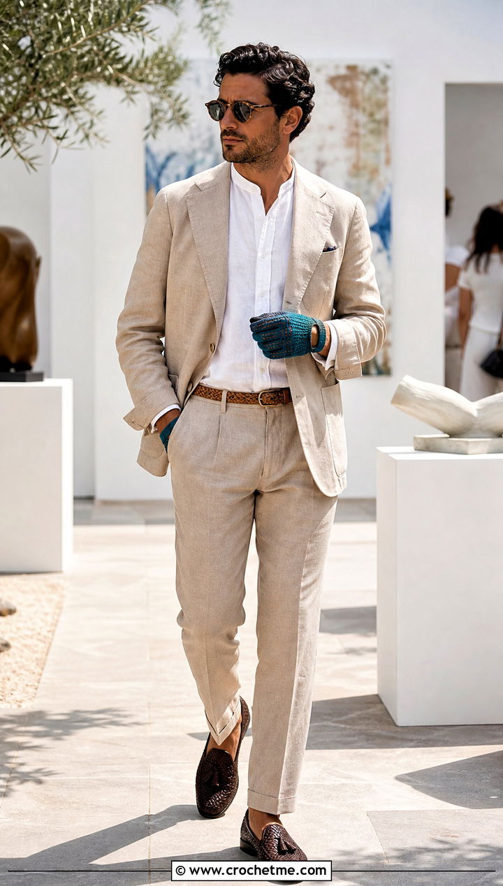 Openwork Crochet Gloves With Linen Suit - 35 men crochet gloves outfit ideas