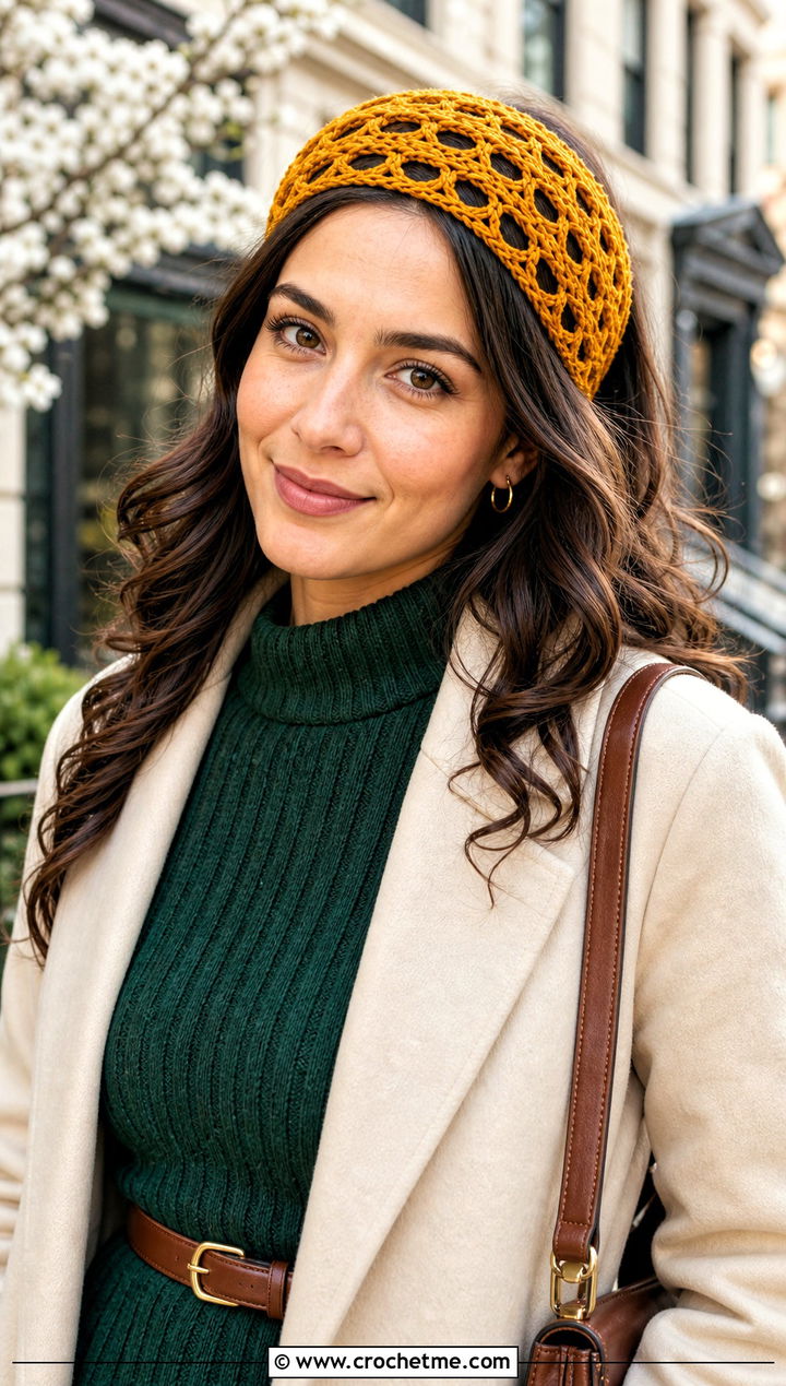 Openwork Crochet Hair Headband With Sweater Dress And Tall Boots - 30 crochet hair headband outfit ideas