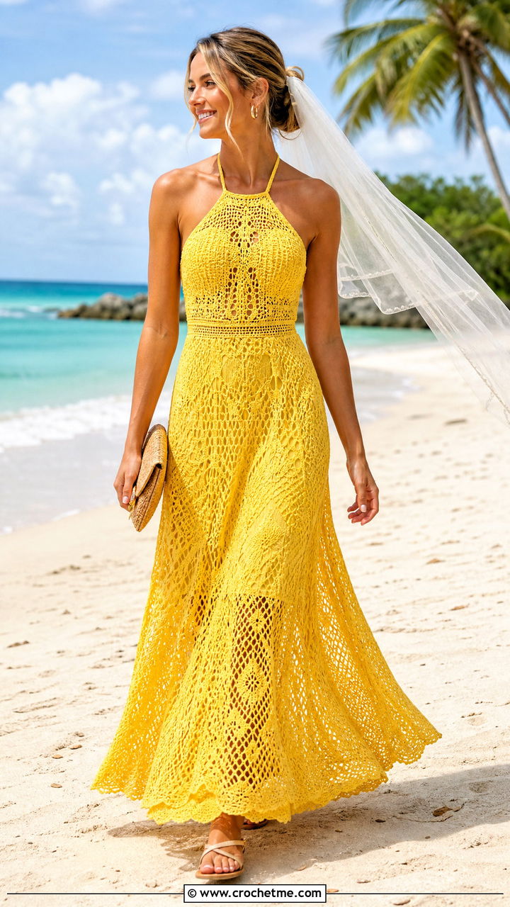 Openwork Crochet Halter Dress With Raffia Accessories - 35 crochet wedding dress outfit ideas