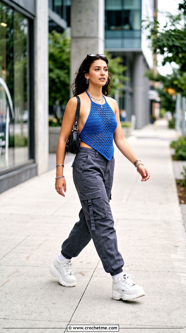 Openwork Crochet Halter Top With Cargo Pants - 15 rustic crochet top outfit ideas