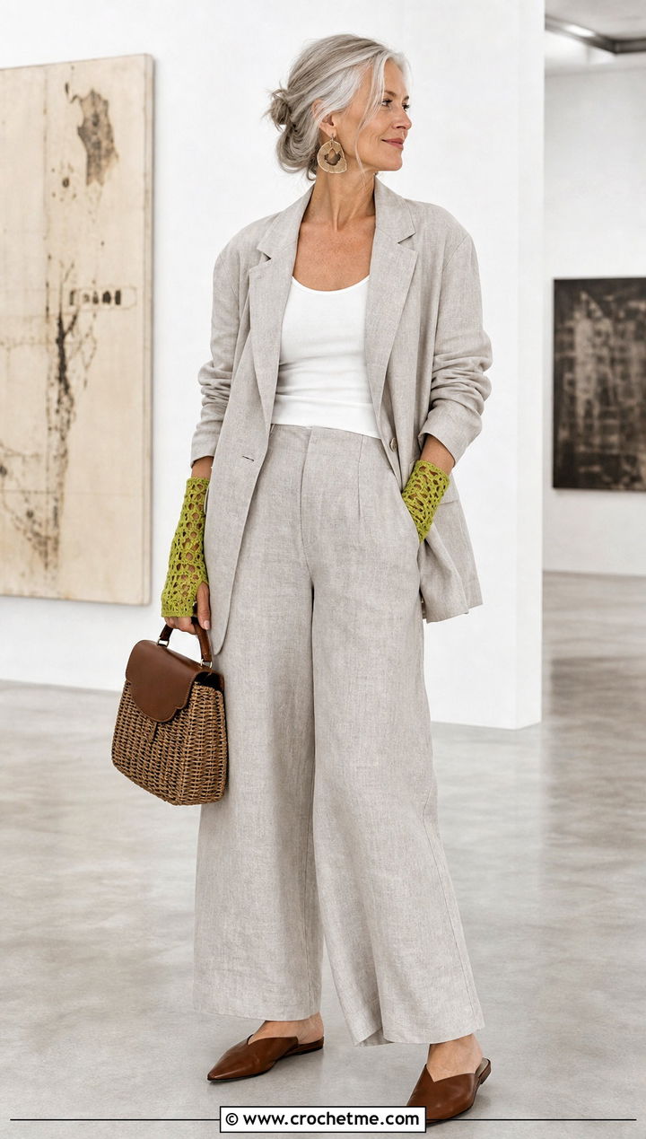 Openwork Crochet Handwarmers With A Linen Suit - 35 crochet handwarmers outfit ideas