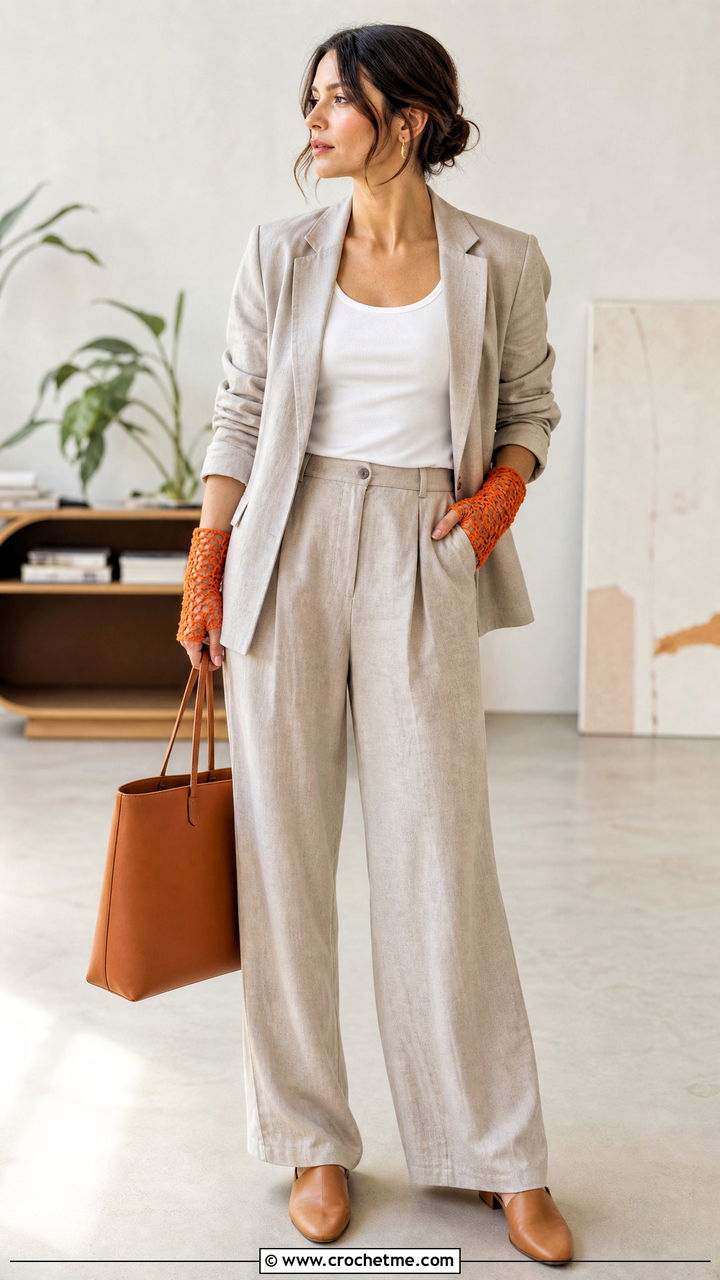 Openwork Crochet Handwarmers With Linen Suit - 35 Crochet Handwarmer outfit ideas