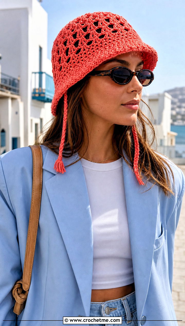 Openwork Crochet Hat With Braids And Oversized Blazer - 30 crochet hat with braids outfit ideas