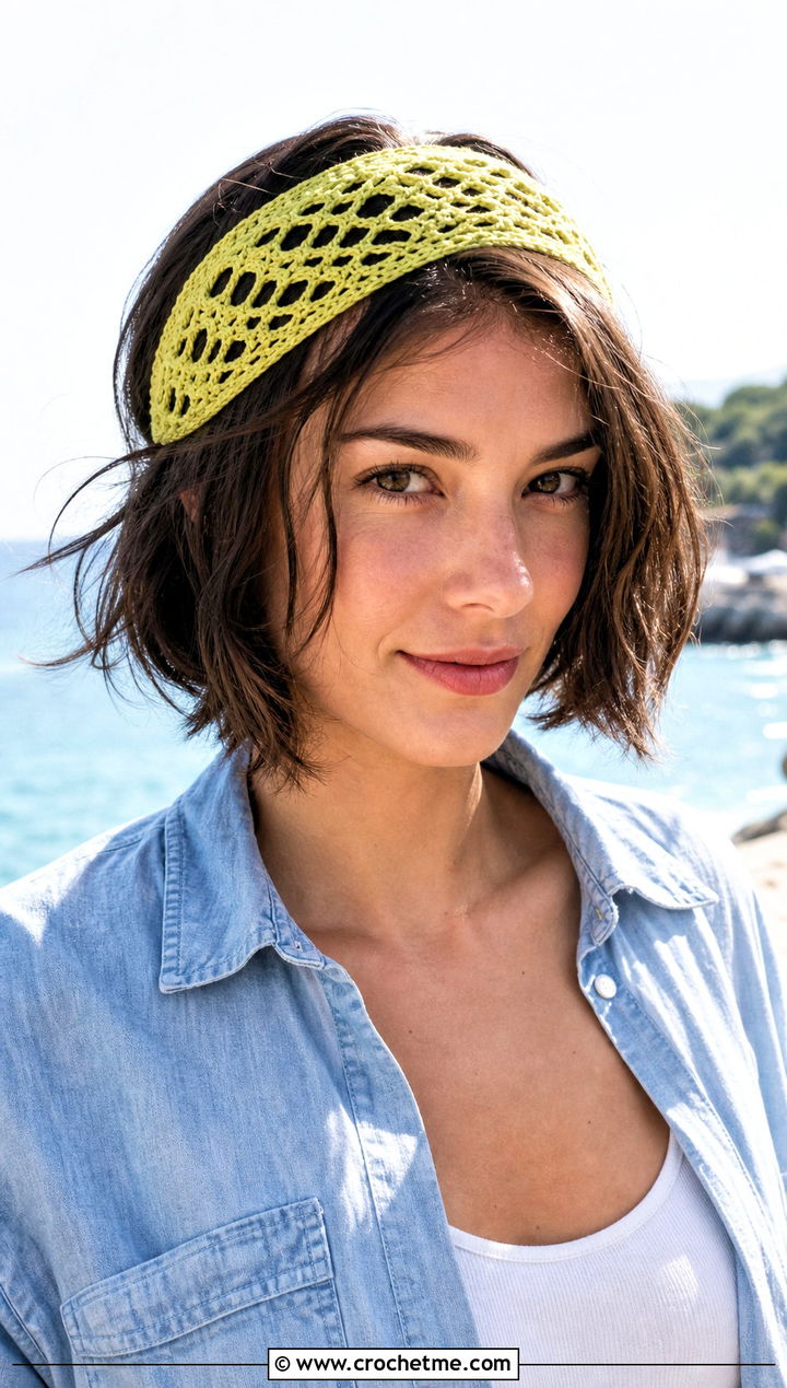 Openwork Crochet Headband With Coastal Denim Outfit - 25 crochet headband for short hair outfit ideas
