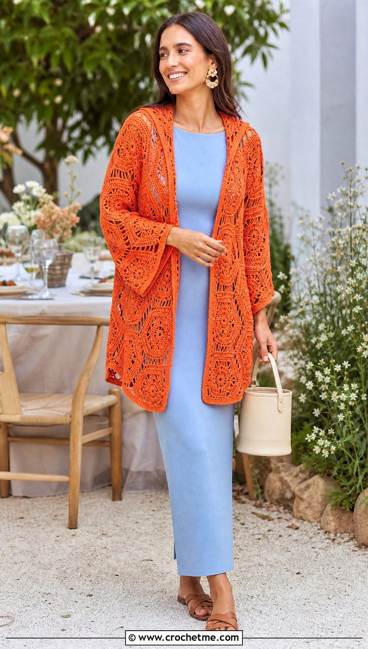 Openwork Crochet Hexagon Cardigan With Hood And Maxi Dress - 25 Crochet Hexagon Cardigan With Hood outfit ideas