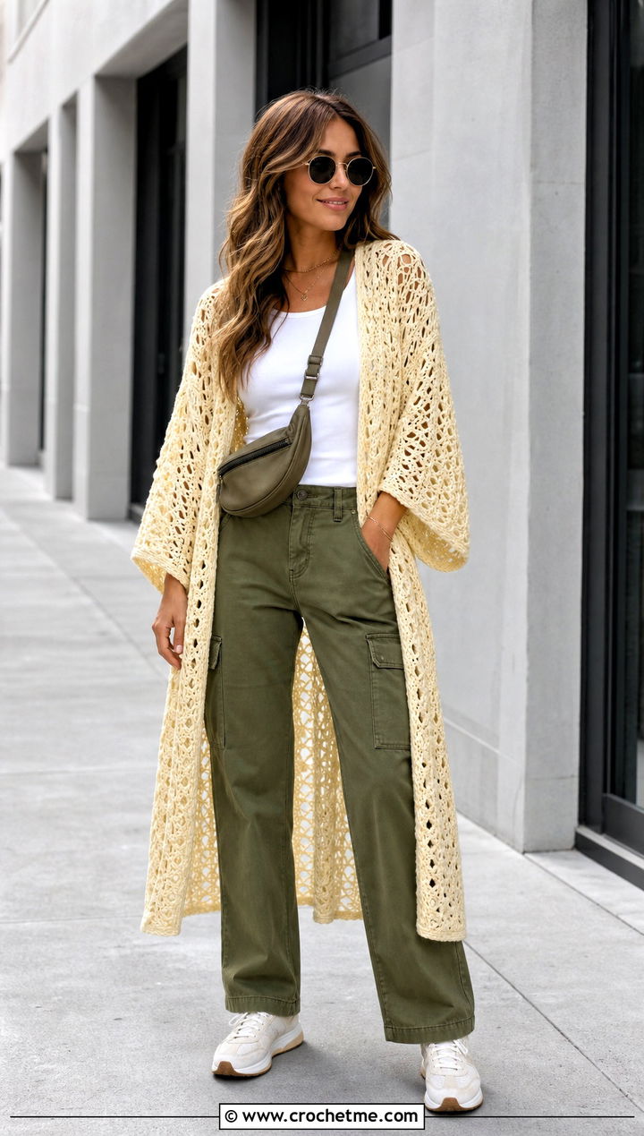 Openwork Crochet Kimono With Cargo Pants And Tank Top - 30 Boho Crochet Kimono outfit ideas