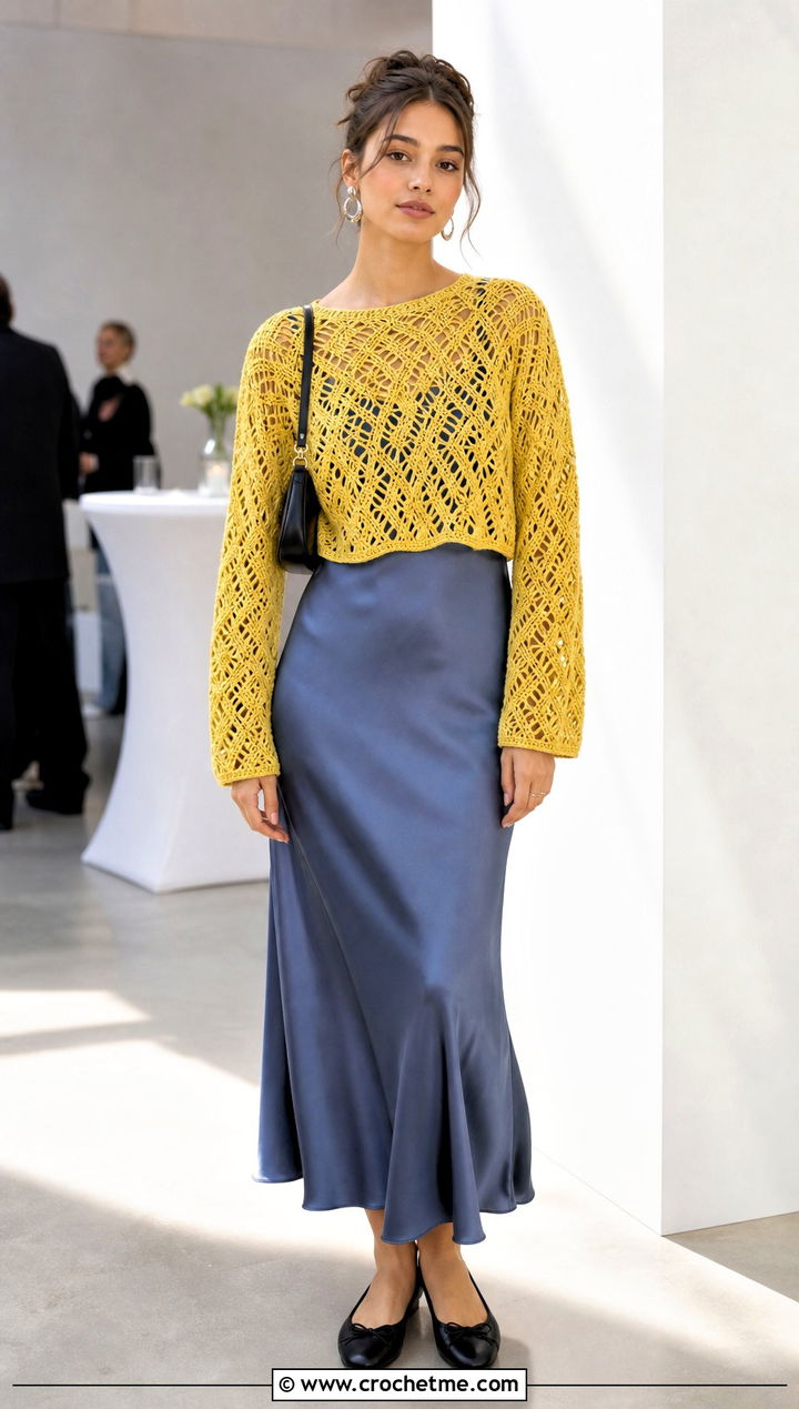 Openwork Crochet Lacy Sweater With Slip Dress - 25 crochet lacy sweater outfit ideas