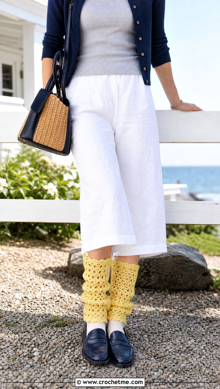 Openwork Crochet Leg Warmers With Linen Pants - 30 crochet leg warmers ideas