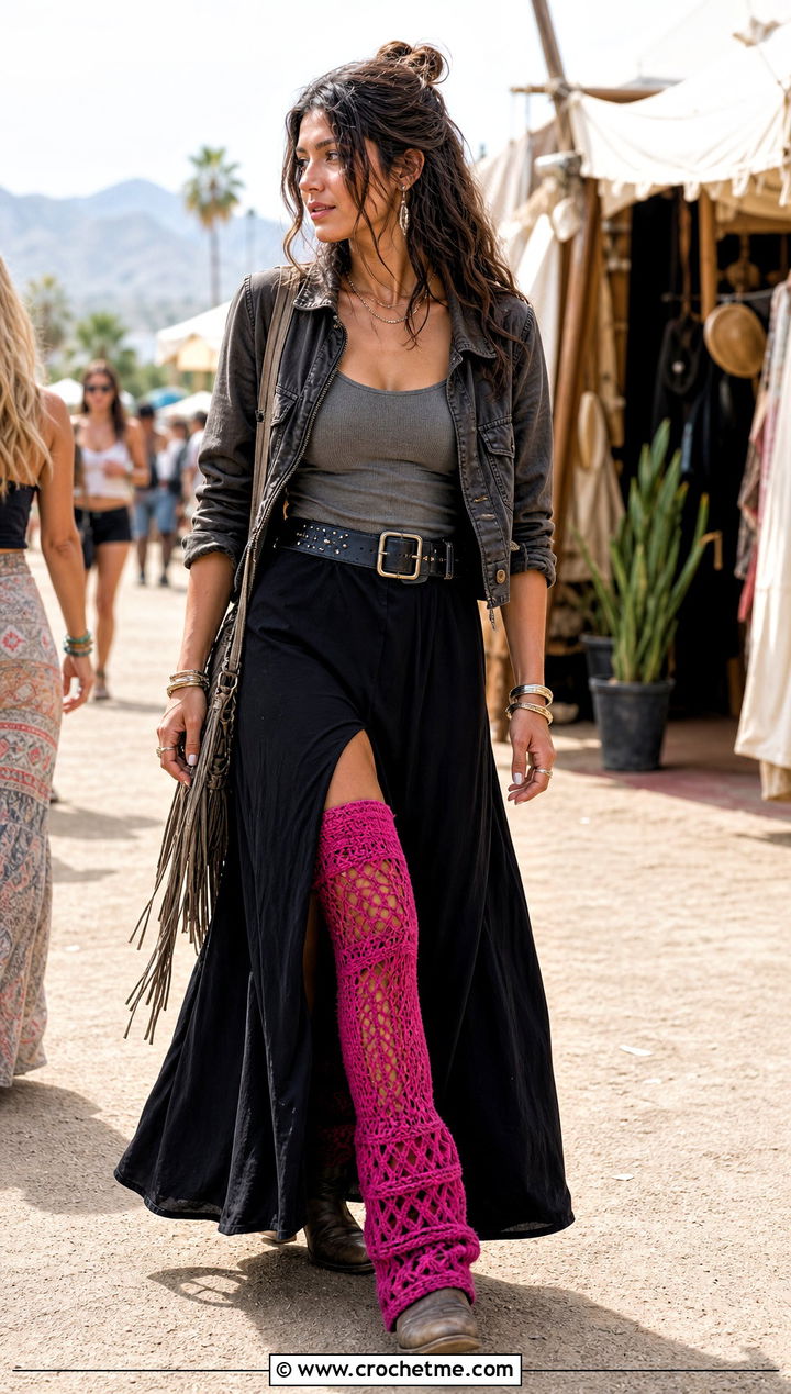 Openwork Crochet Leg Warmers With Maxi Skirt - 30 aesthetic crochet leg warmers outfit ideas