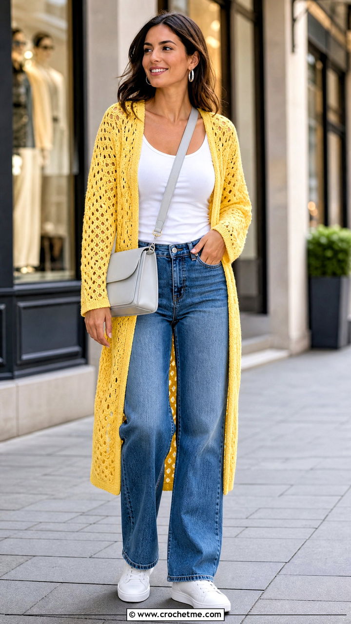 Openwork Crochet Long Cardigan With Straight Leg Jeans - 35 crochet long cardigan outfit ideas