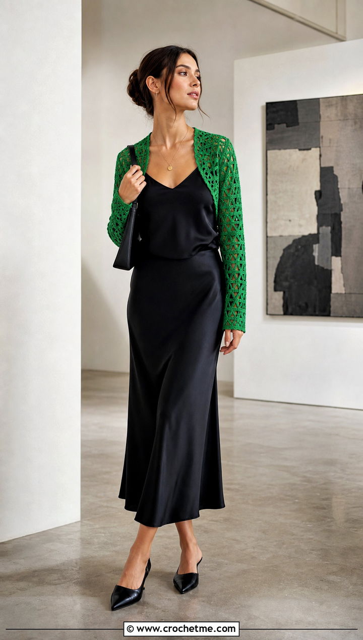 Openwork Crochet Long Sleeve Shrug With Camisole And Slip Skirt - 30 crochet long sleeve shrug outfit ideas