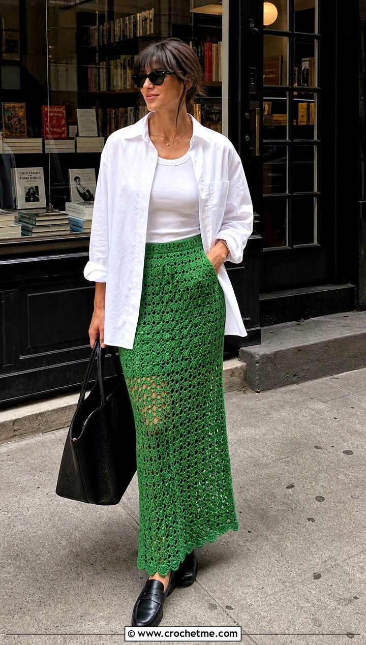Openwork Crochet Maxi Skirt With Button Down Shirt And Loafers - 25 Sunday Kalogeras Crochet Skirt outfit ideas