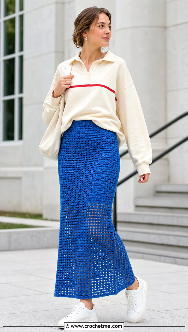 Openwork Crochet Maxi Skirt With Rugby Shirt - 35 long crochet skirt outfit ideas
