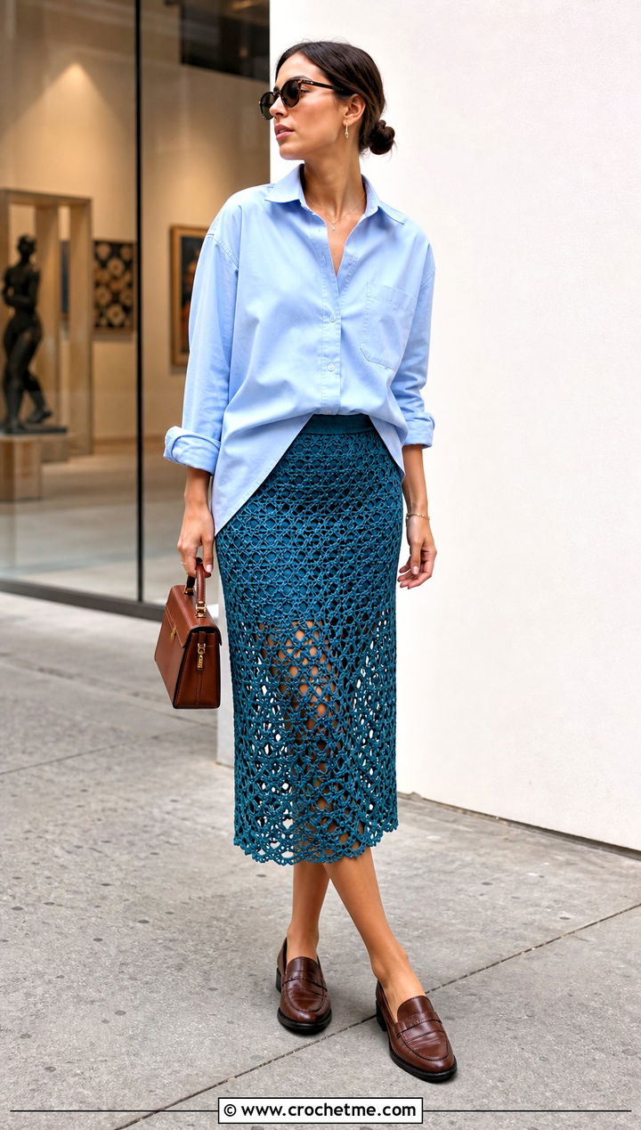 Openwork Crochet Midi Skirt With Oversized Button Down - 25 Boho Crochet Skirt outfit ideas
