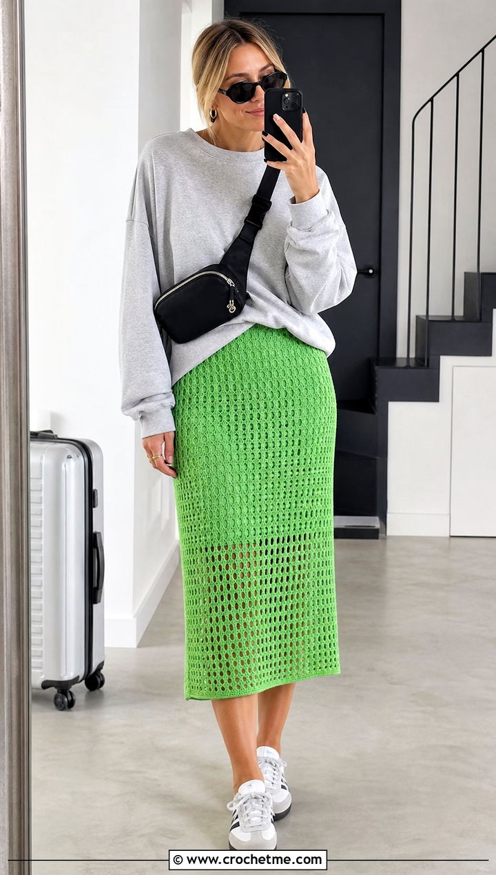 Openwork Crochet Midi Skirt With Sweatshirt - 15 Crochet Maid Skirt outfit ideas