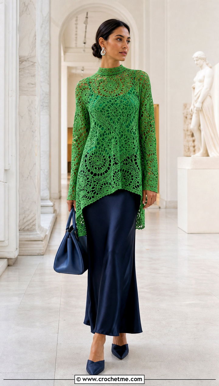 Openwork Crochet Mock Neck Tunic Top With Slip Skirt - 35 crochet mock neck top outfit ideas
