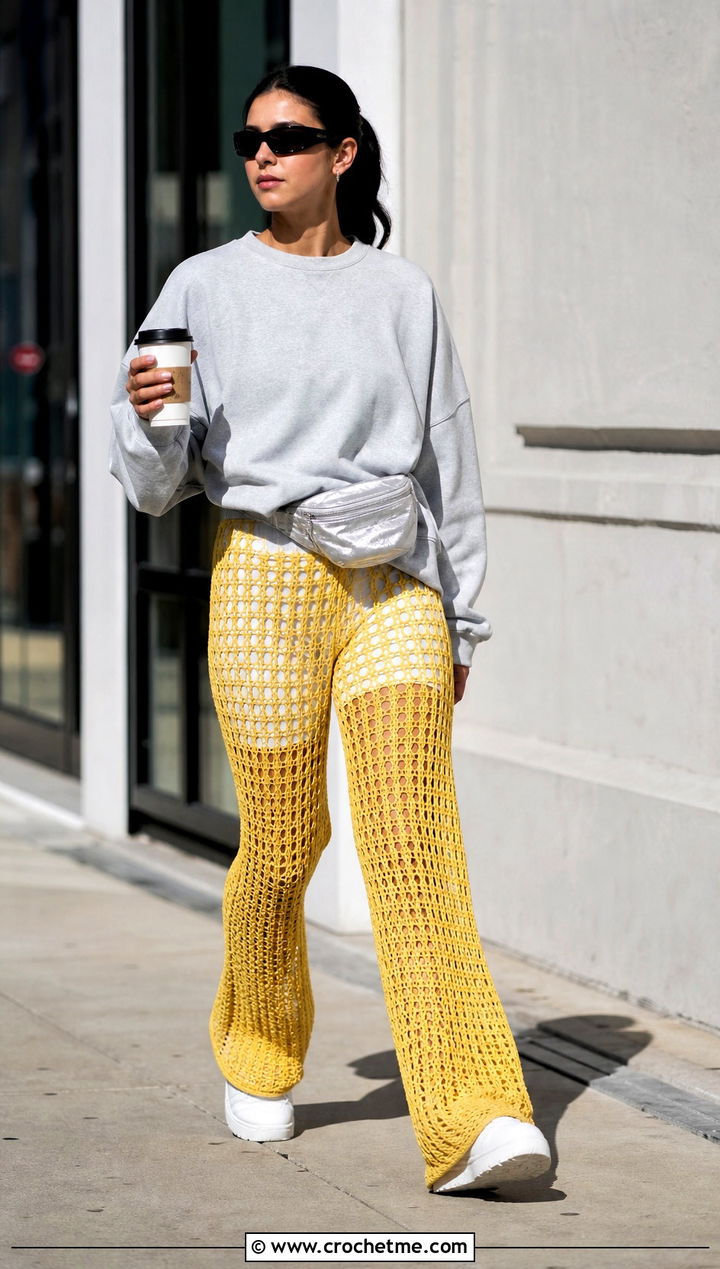 Openwork Crochet Pants With Oversized Sweatshirt - 20 crochet pants women outfit ideas