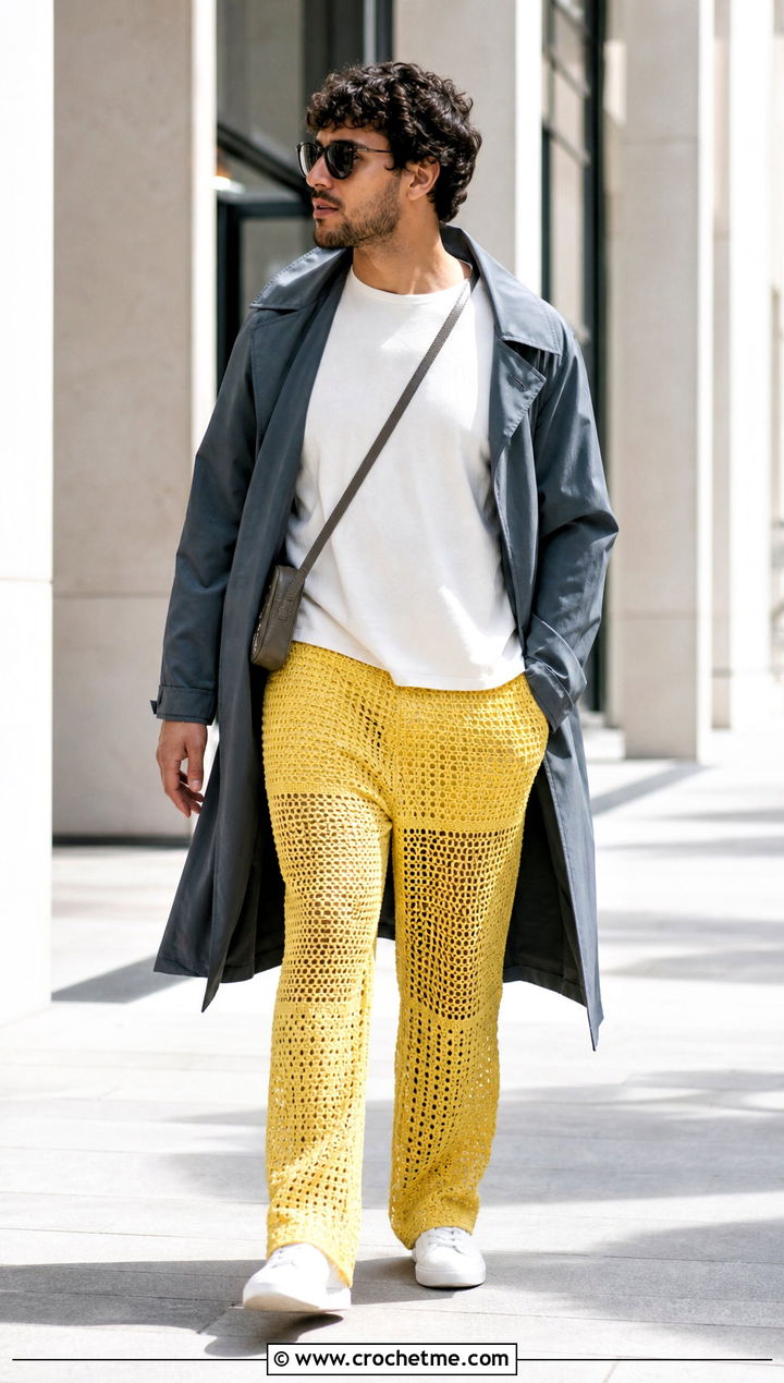 Openwork Crochet Pants With Trench Coat - 35 crochet pants men outfit ideas
