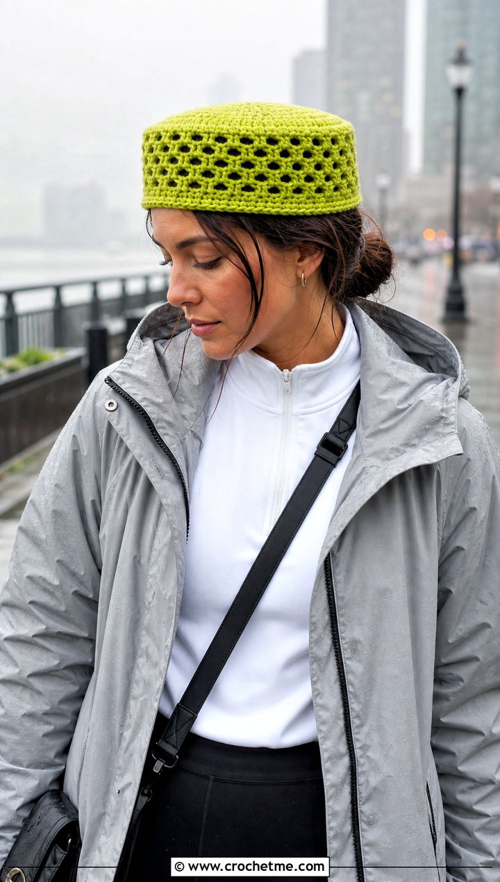 Openwork Crochet Pillbox Hat With Raincoat And Leggings - 25 crochet pillbox hat outfit ideas