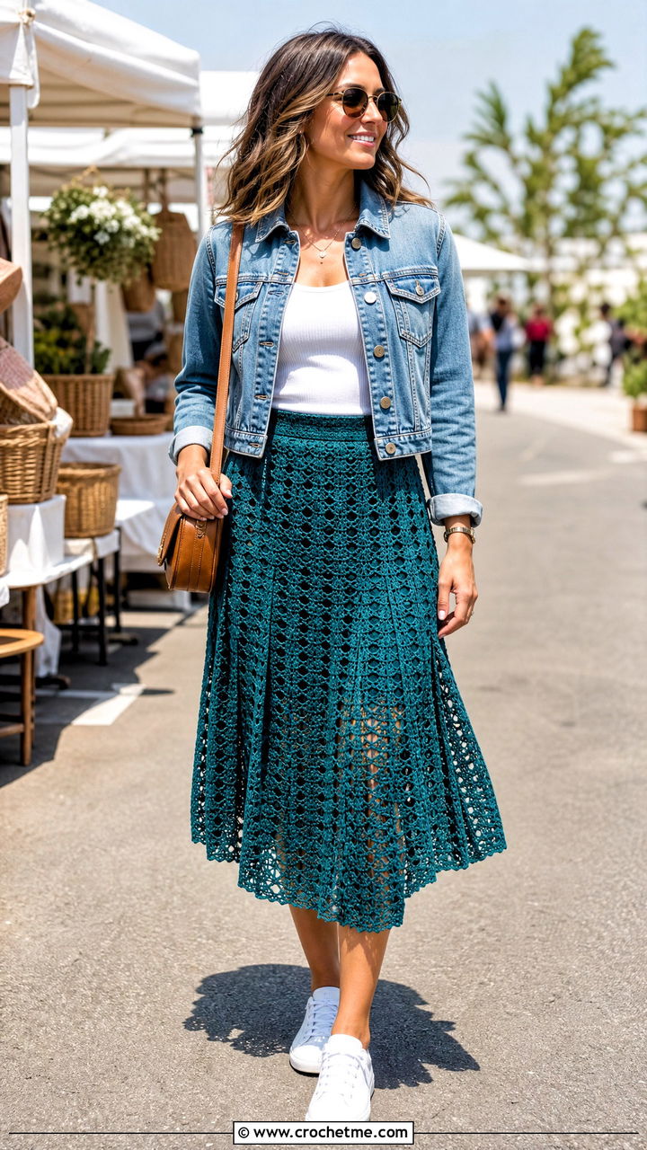Openwork Crochet Pleated Midi Skirt With Denim Jacket - 35 crochet pleated skirt outfit ideas
