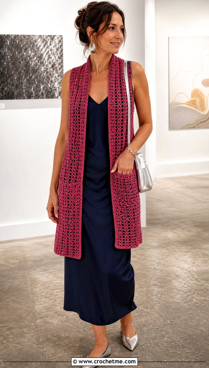 Openwork Crochet Pocket Scarf With Slip Dress - 25 Crochet Pocket Scarf Shawl outfit ideas