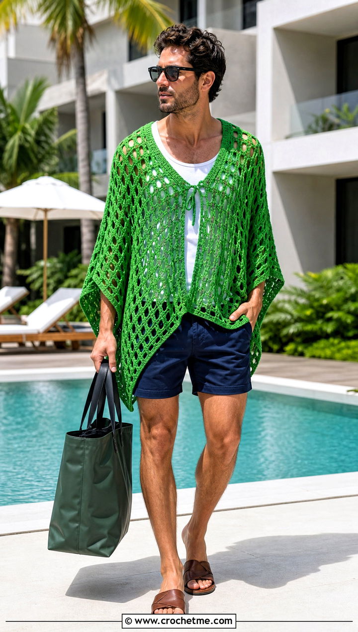 Openwork Crochet Poncho With Swim Shorts - 30 men crochet poncho outfit ideas