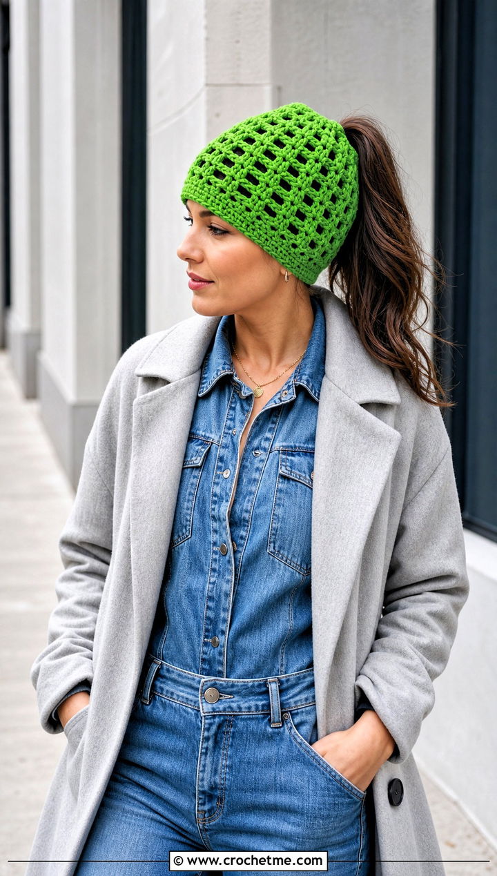 Openwork Crochet Ponytail Beanie With Denim Jumpsuit And Long Coat - 30 crochet beanie with ponytail hole outfit ideas