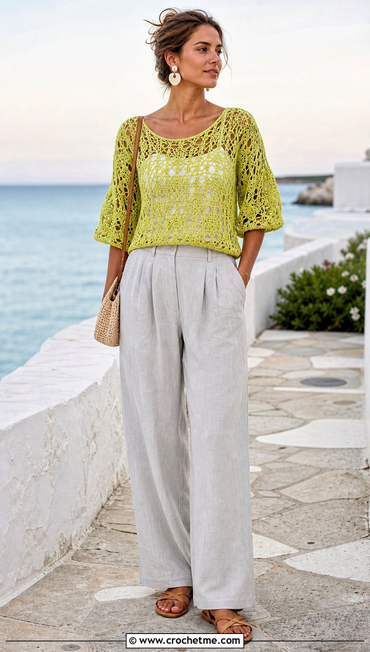 Openwork Crochet Puff Sleeve Sweater With Linen Pants - 25 Crochet Puff Sleeve Sweater outfit ideas