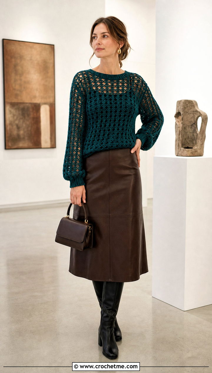 Openwork Crochet Pullover With Leather Midi Skirt - 25 Autumn Crochet Outfit ideas
