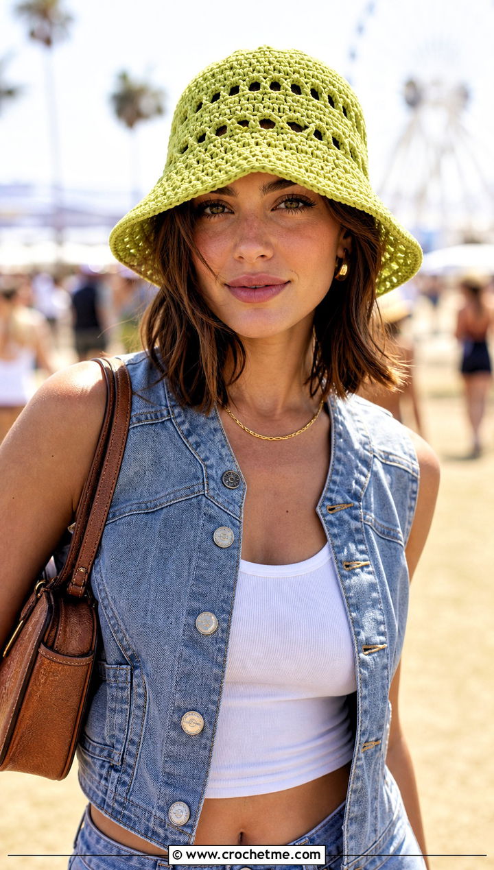 Openwork Crochet Raffia Bucket Hat With Denim Set - 30 crochet raffia hat outfit ideas