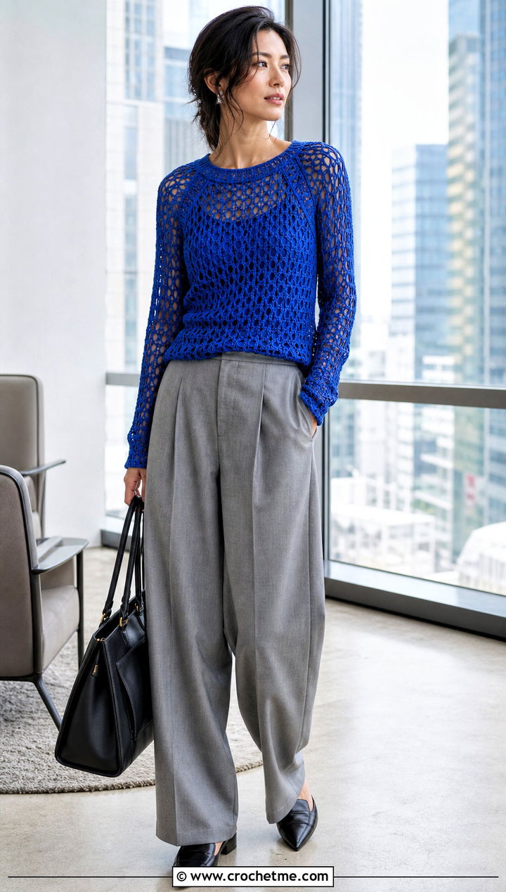 Openwork Crochet Raglan Top With Tailored Trousers - 30 crochet raglan top outfit ideas