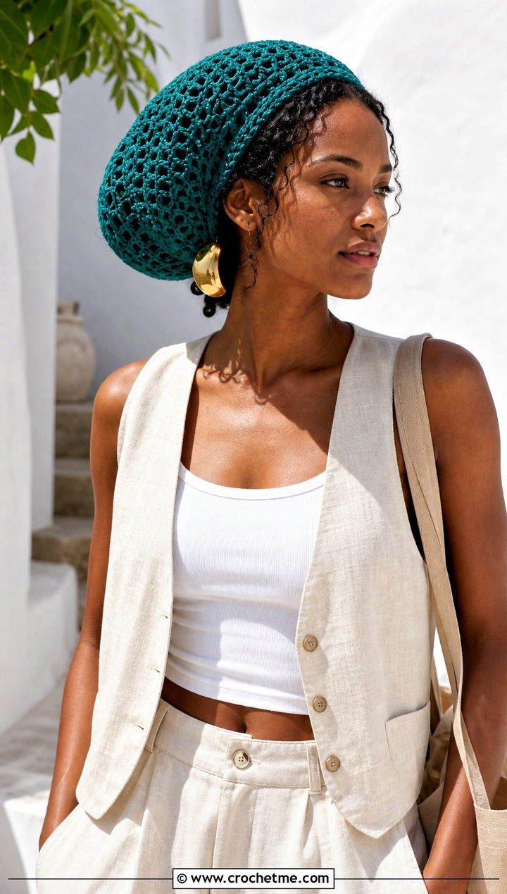 Openwork Crochet Rasta Tam With Linen Vest And Trousers - 15 Crochet Bob Marley Hat outfit ideas