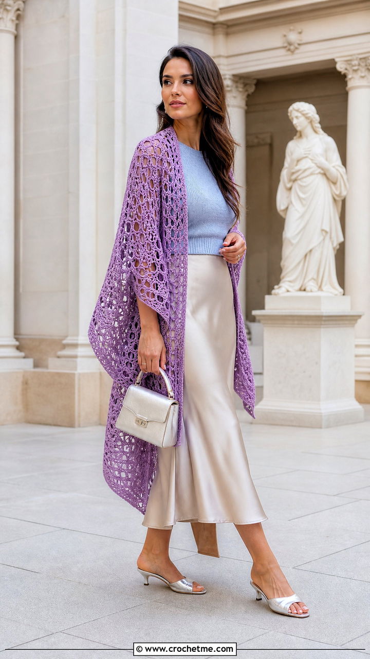 Openwork Crochet Ruana With Satin Skirt - 35 crochet ruana outfit ideas