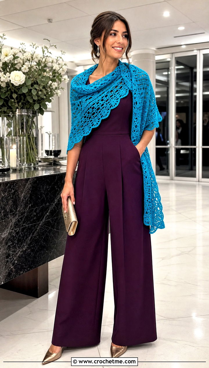 Openwork Crochet Scarf With Evening Jumpsuit - 35 cute crochet scarf outfit ideas